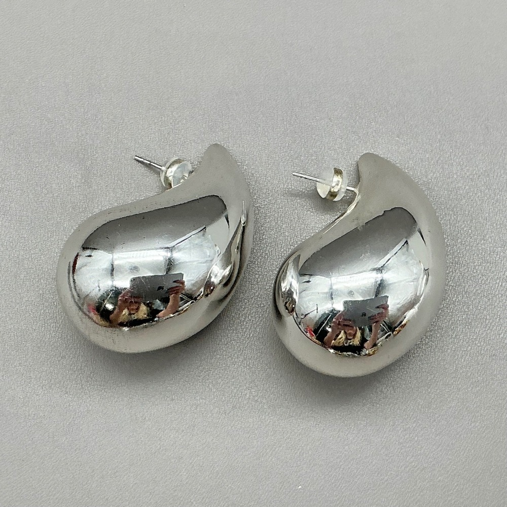 Teardrop Stud Earrings Women Silver Tone Abstract Chunky Puffy Waterdrop Design
